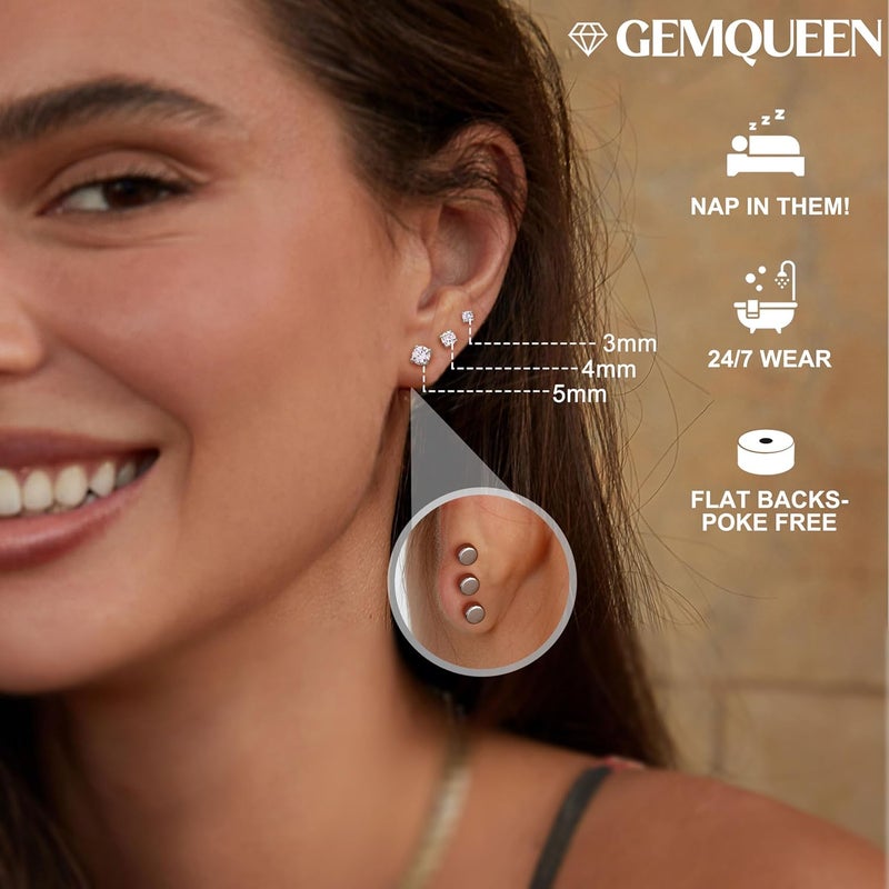 GEMQUEEN 3 Pairs Moissanite Earrings Studs 14K Gold Plated S925 Sterling Silver Flat Back Earring for Women Men - Hypoallergenic Set Cartilage Helix Piercing Jewelry Trendy Thanksgiving Christmas Gifts D Color VVS1 1.8CT - Image 3